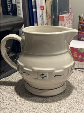 Longaberger Pottery - Cream Ceramic Pitcher with Blue Accent